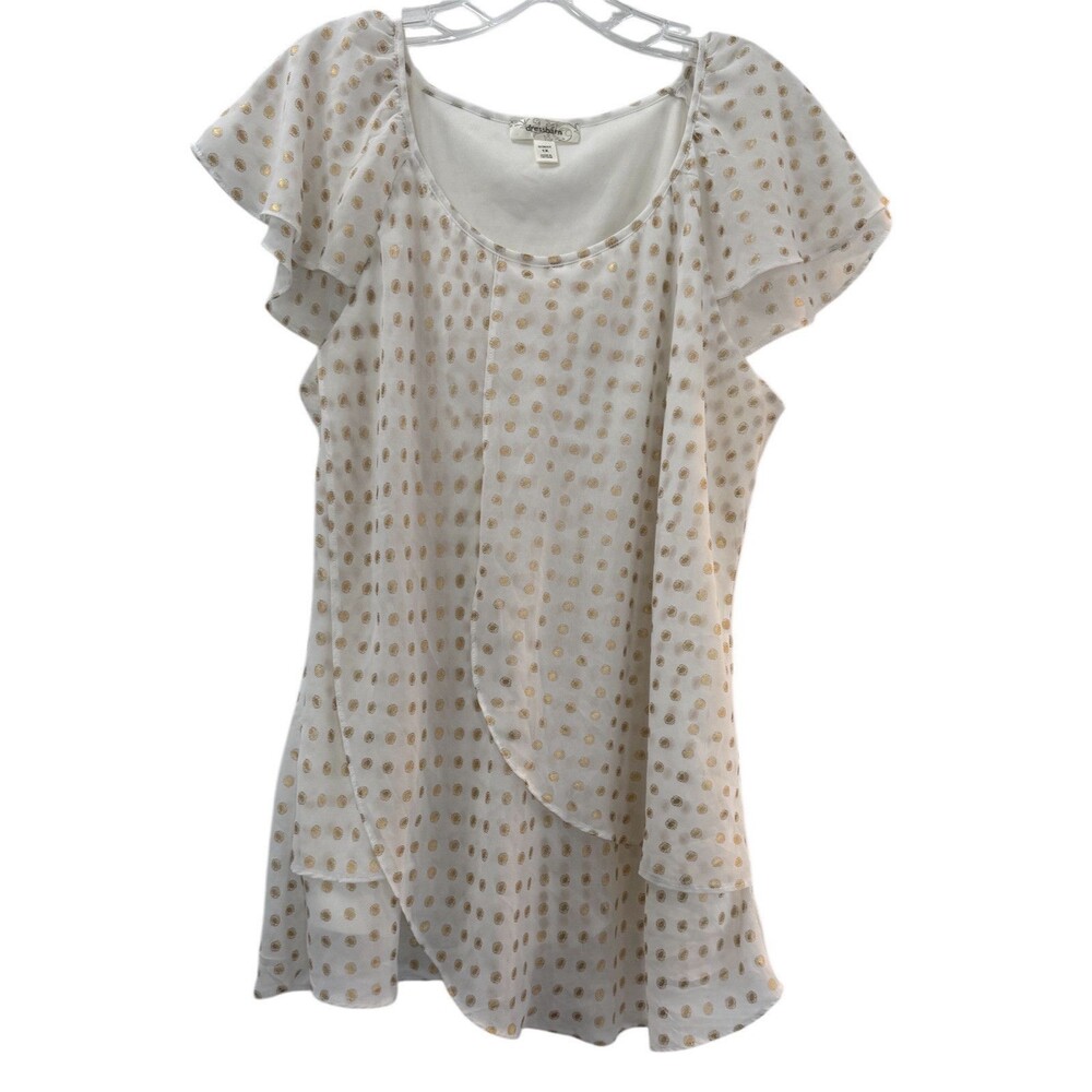 Dressbarn White Gold Dot Flutter Sleeve Blouse EUC